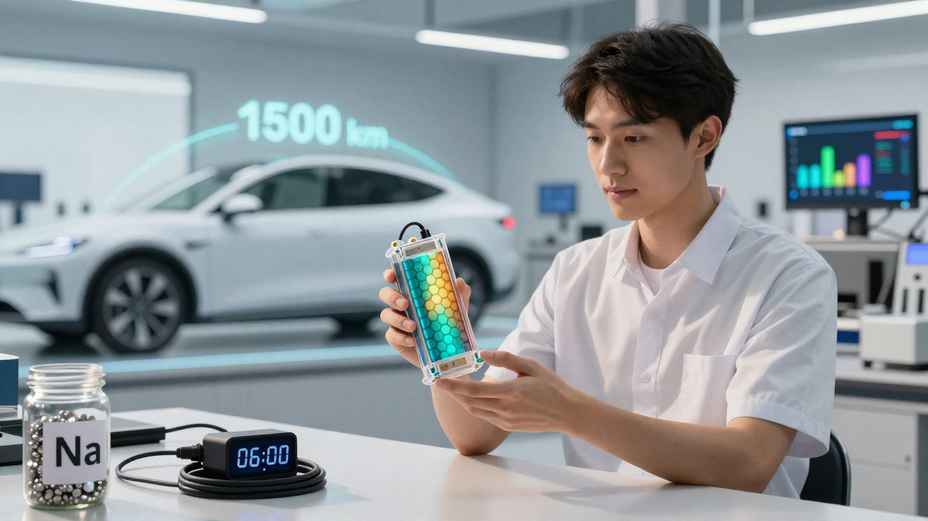 Scientist examining a prototype battery with a white electric car and 1500 km range displayed behind in a lab.
