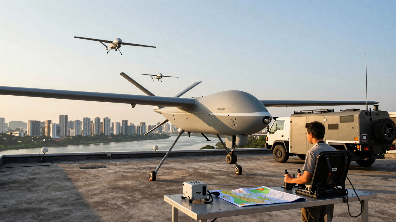 Man operating military drones on rooftop with cityscape in the background at sunset