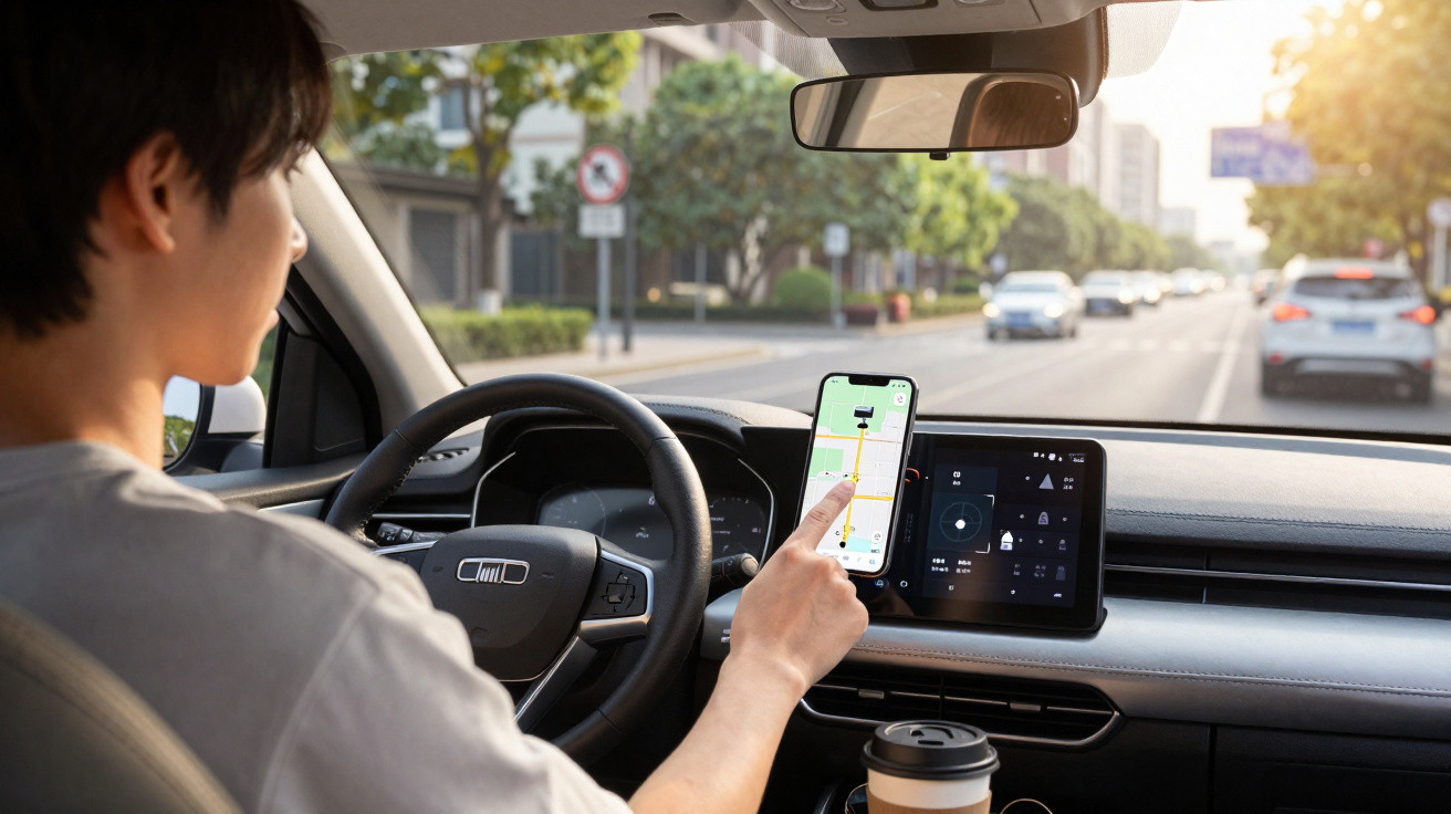 Person using GPS navigation on smartphone while driving a car on a city street in daylight.