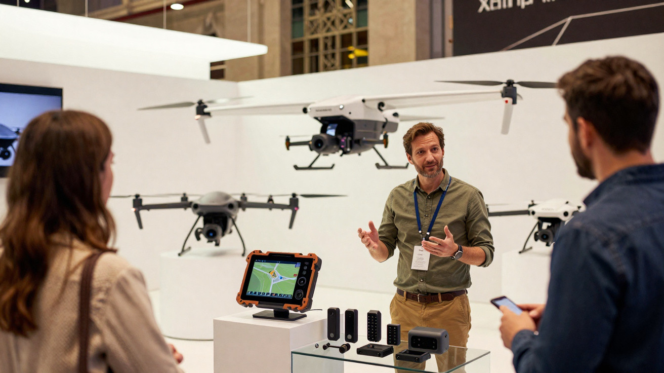 Man explaining drone technology to two visitors at a tech exhibition booth with drones and control devices displayed.