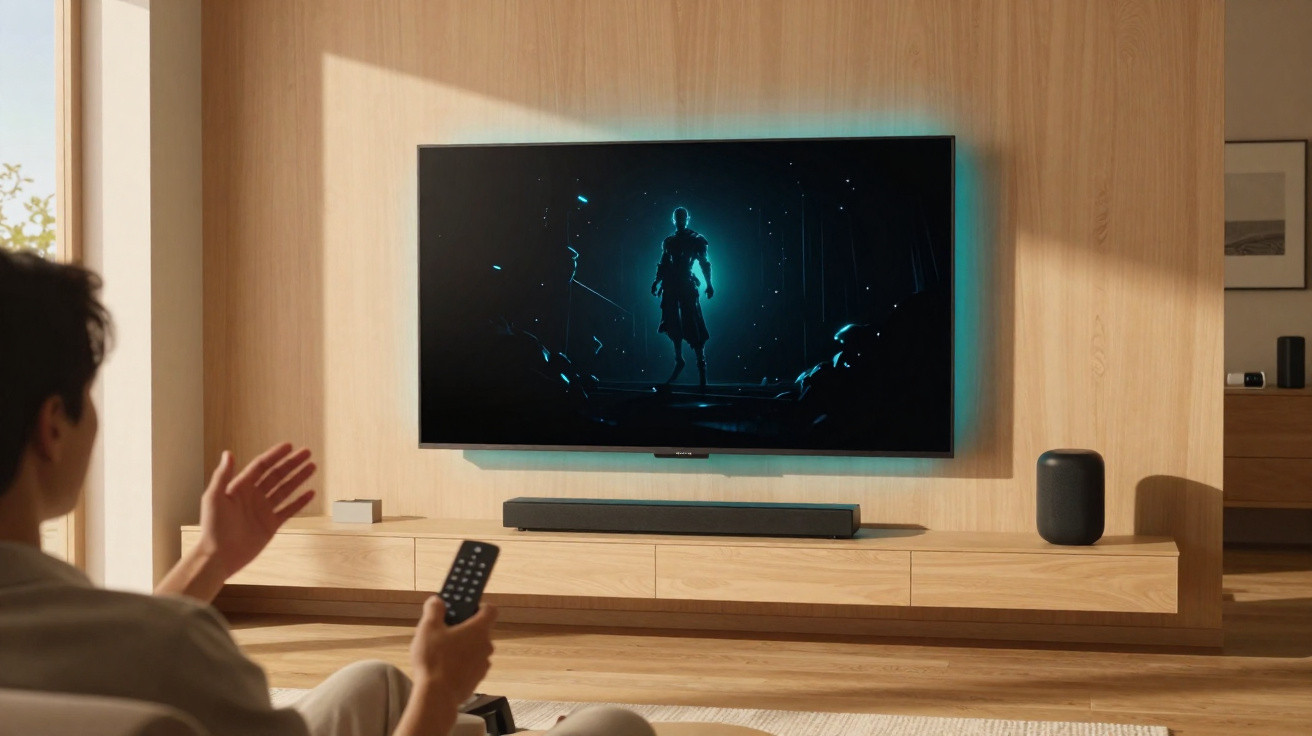 Person holding remote watching a dark, glowing figure on a wall-mounted TV in a modern living room.
