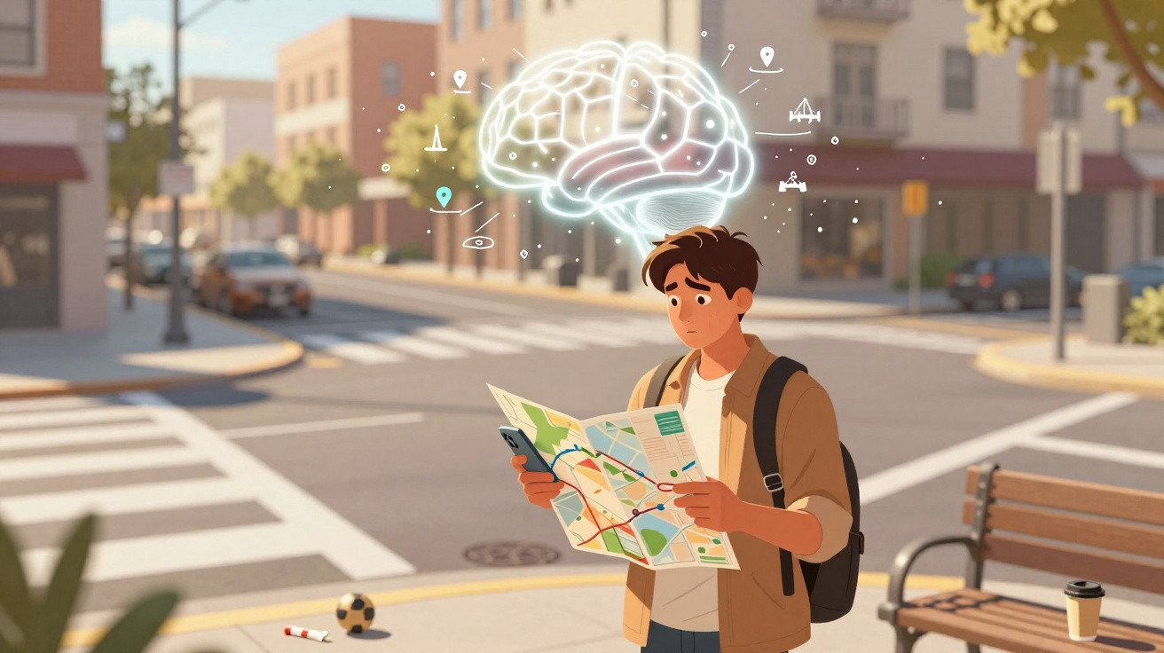 Young man studying a map with a glowing brain and navigation icons above his head on a city street corner.