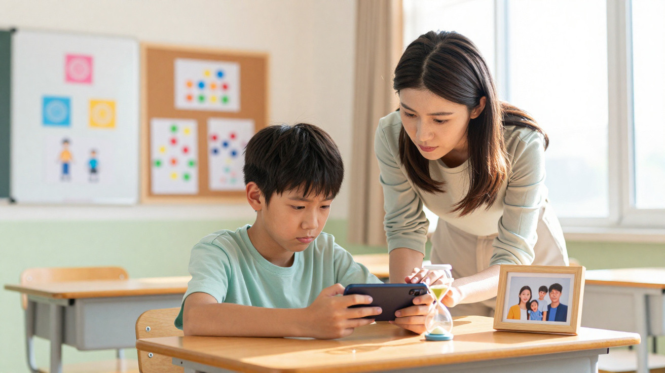 Teacher attentively assisting a boy using a smartphone in a bright classroom with a family photo on the desk.