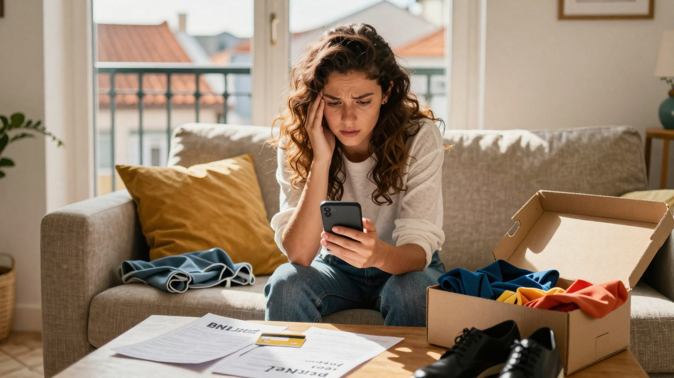 Young woman sitting on a sofa looking worried while checking her phone with bills and clothes on the table.