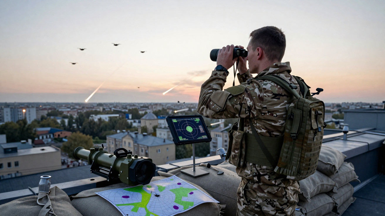Military personnel in camouflage using binoculars on rooftop with map and radar screen at sunset.