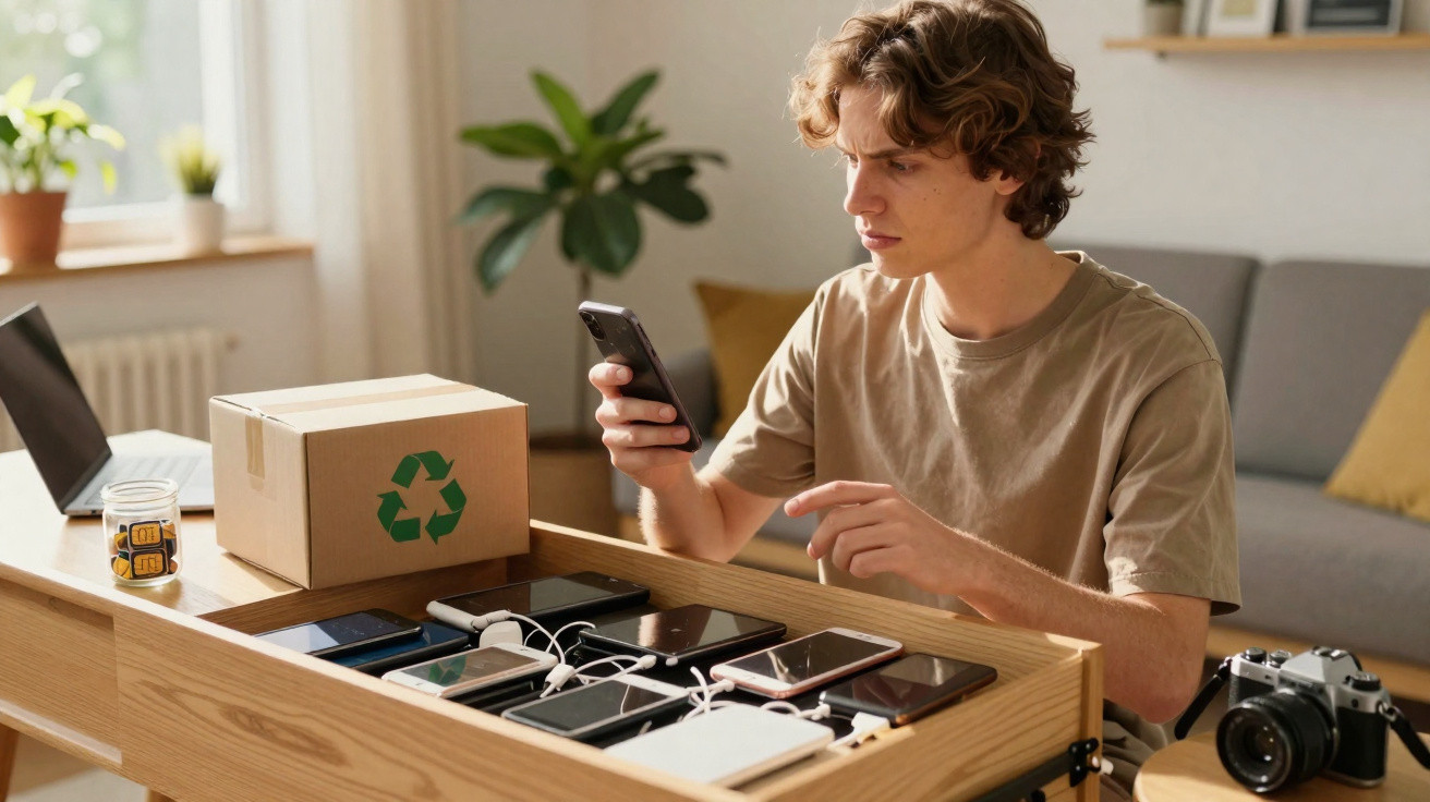 Young man examining phones on a wooden table with a recycling box and camera nearby in a bright room.