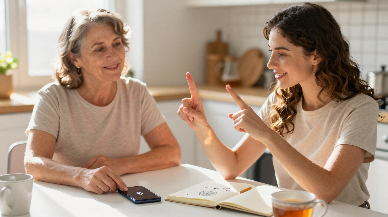 Young woman teaching sign language to older woman at kitchen table with notebook and tea.