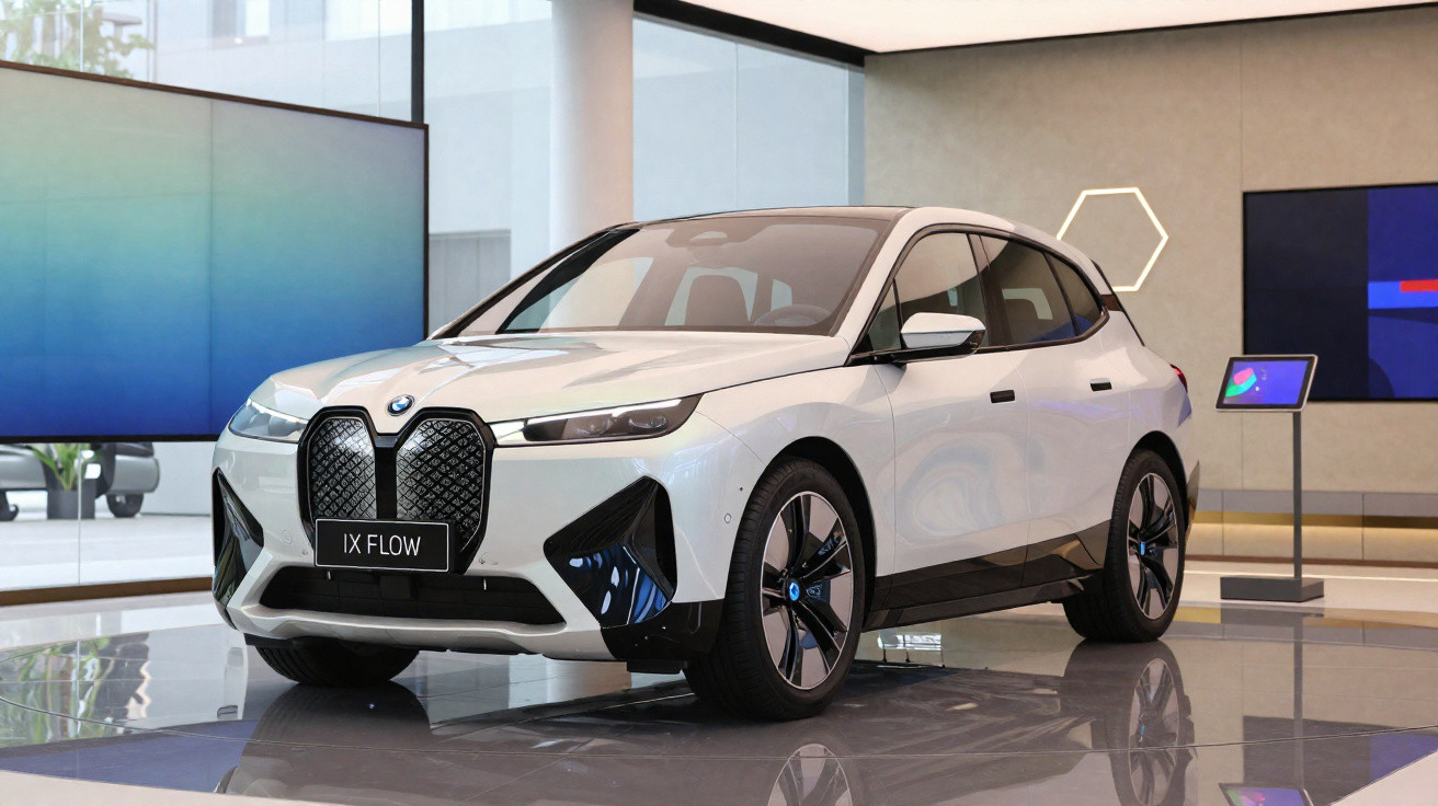 White BMW IX FLOW electric SUV displayed indoors with large kidney grille and sleek headlights.