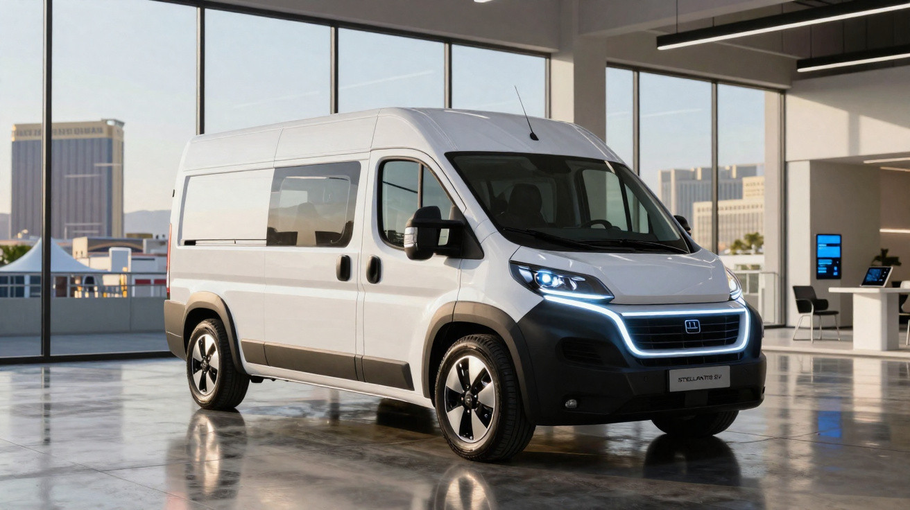 White modern electric delivery van parked inside a spacious showroom with large windows.