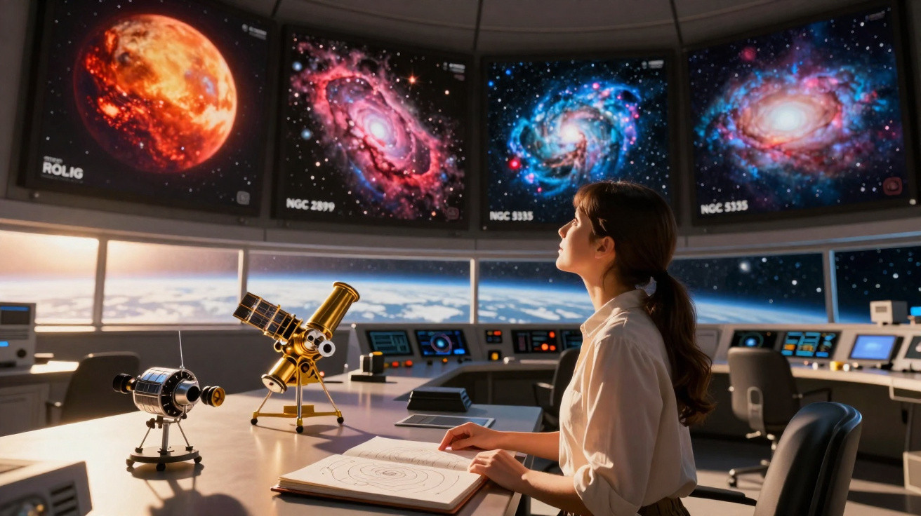 Young woman studying space with telescopes and galaxy images in a modern observatory control room.