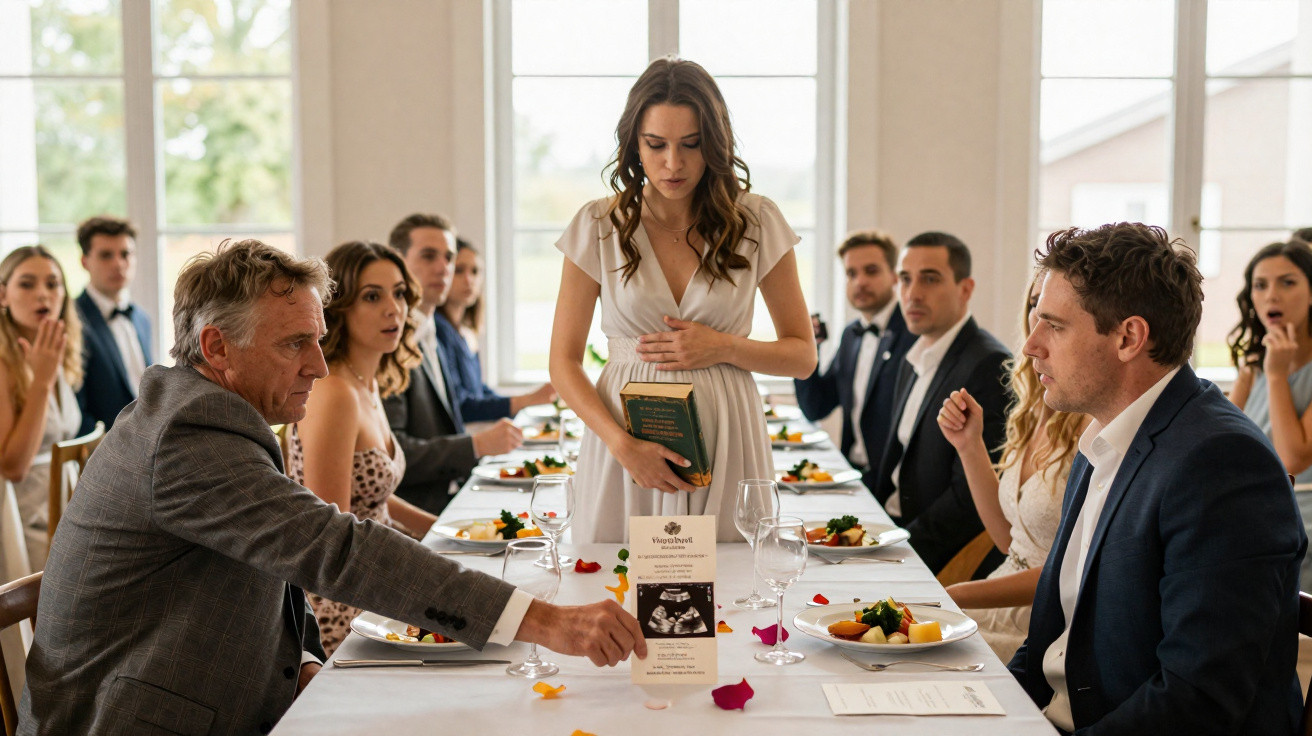 A woman in white stands at a dining table holding a book while guests in formal attire react with surprise.