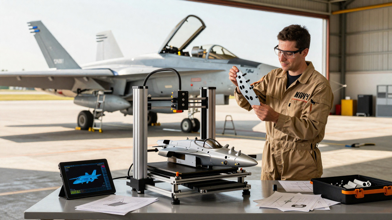 Navy engineer assembling a drone in hangar with fighter jet in background and 3D printer on table.
