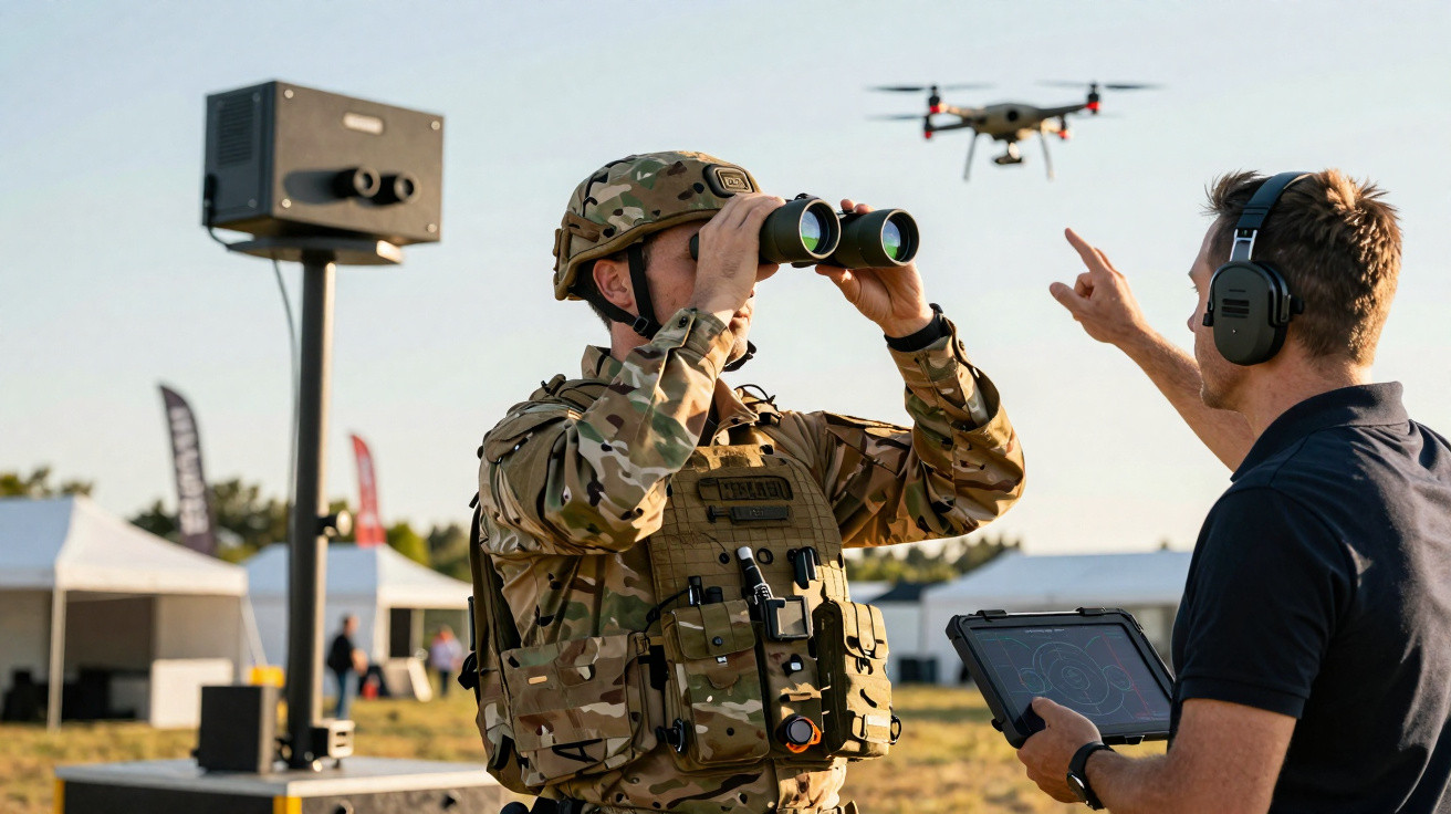 Soldier in camouflage using binoculars while a man controls a drone with a tablet in an outdoor setting.