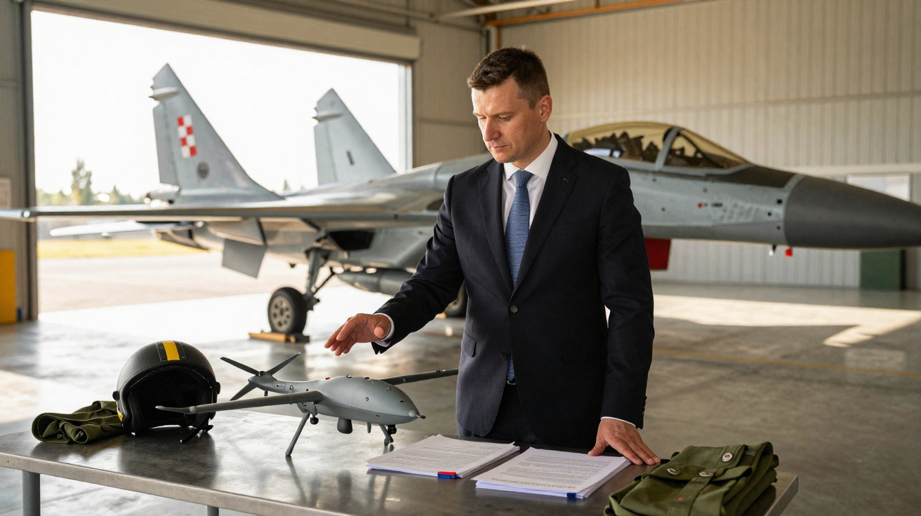 Man in suit examining a drone on a table in a hangar with a fighter jet in the background