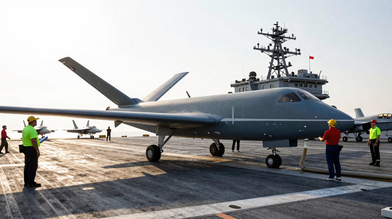 Unmanned military drone on an aircraft carrier deck with personnel in safety gear nearby.
