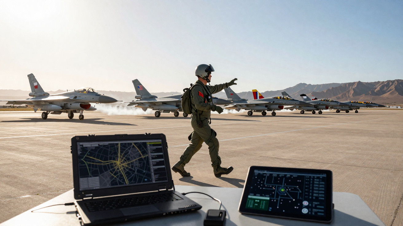 Military pilot in flight suit walking on runway with fighter jets and control screens in foreground.