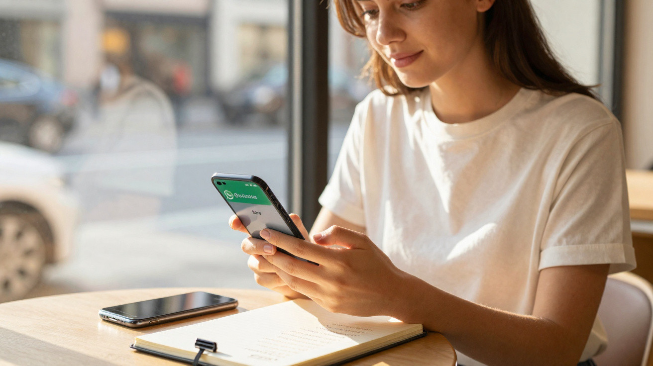 Young woman sitting at a table using WhatsApp on her smartphone with a notebook and phone nearby.