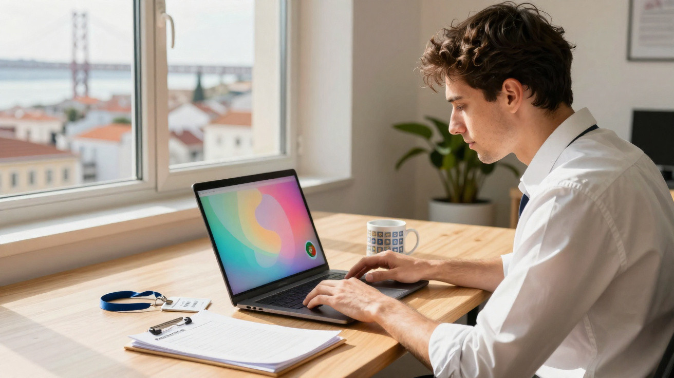 Young man in white shirt working on a laptop at a desk with a notebook, mug, and window overlooking a cityscape.