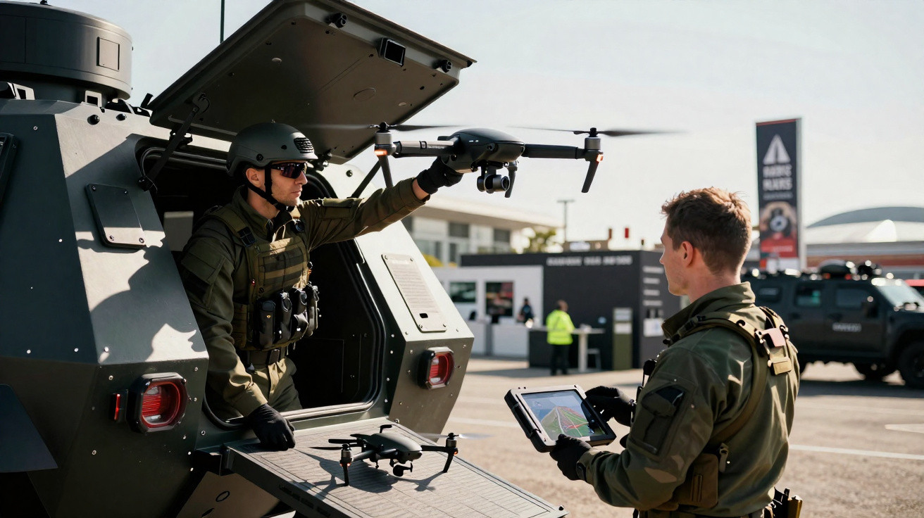 Two soldiers operate drones near an open military vehicle in a training or operational environment.