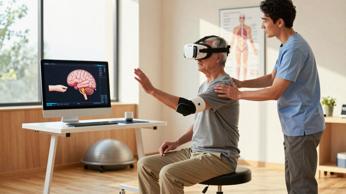 Senior man using virtual reality for neurological therapy while a healthcare worker assists him in a clinic room.