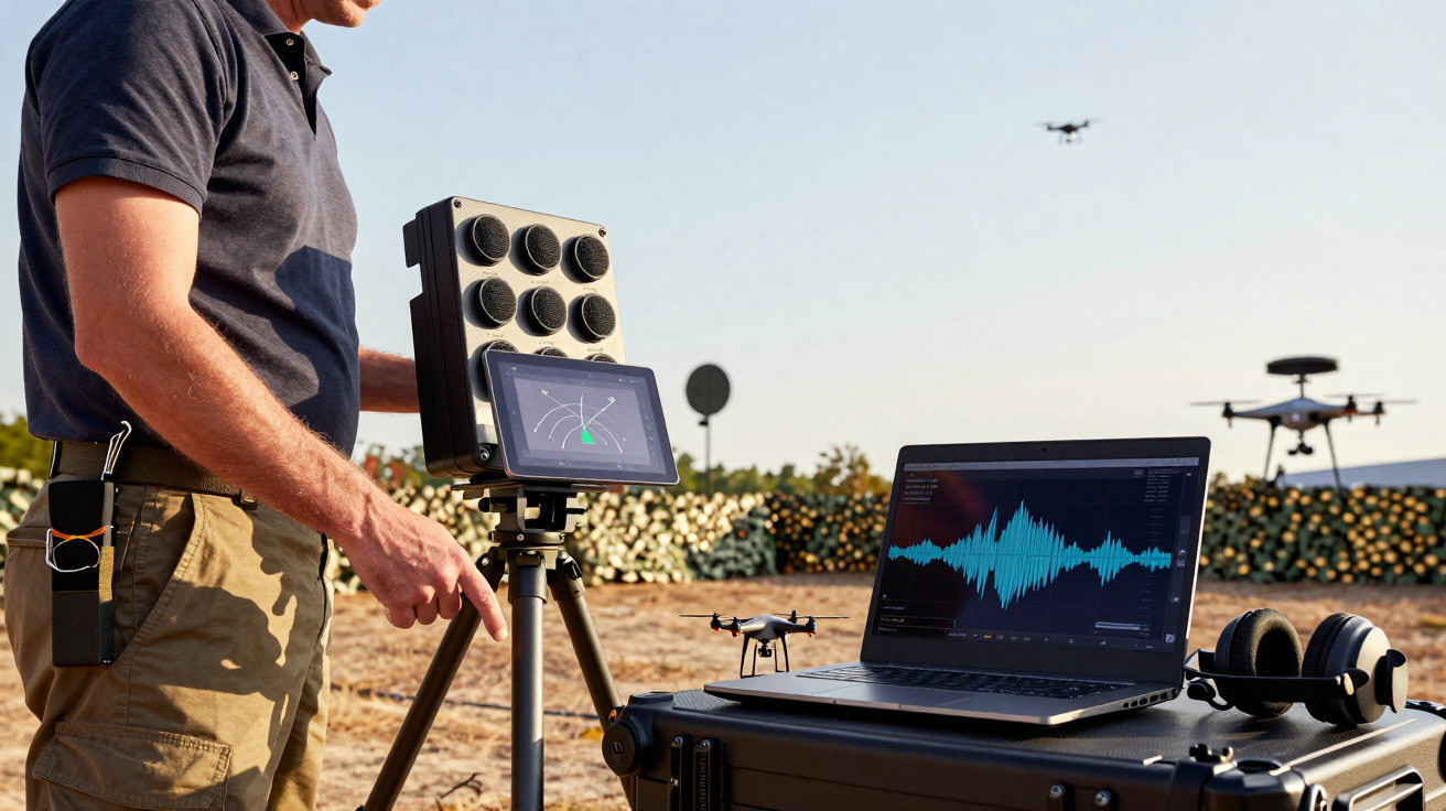 Person operating drone detection equipment outdoors with drones flying and waveform displayed on laptop screen.