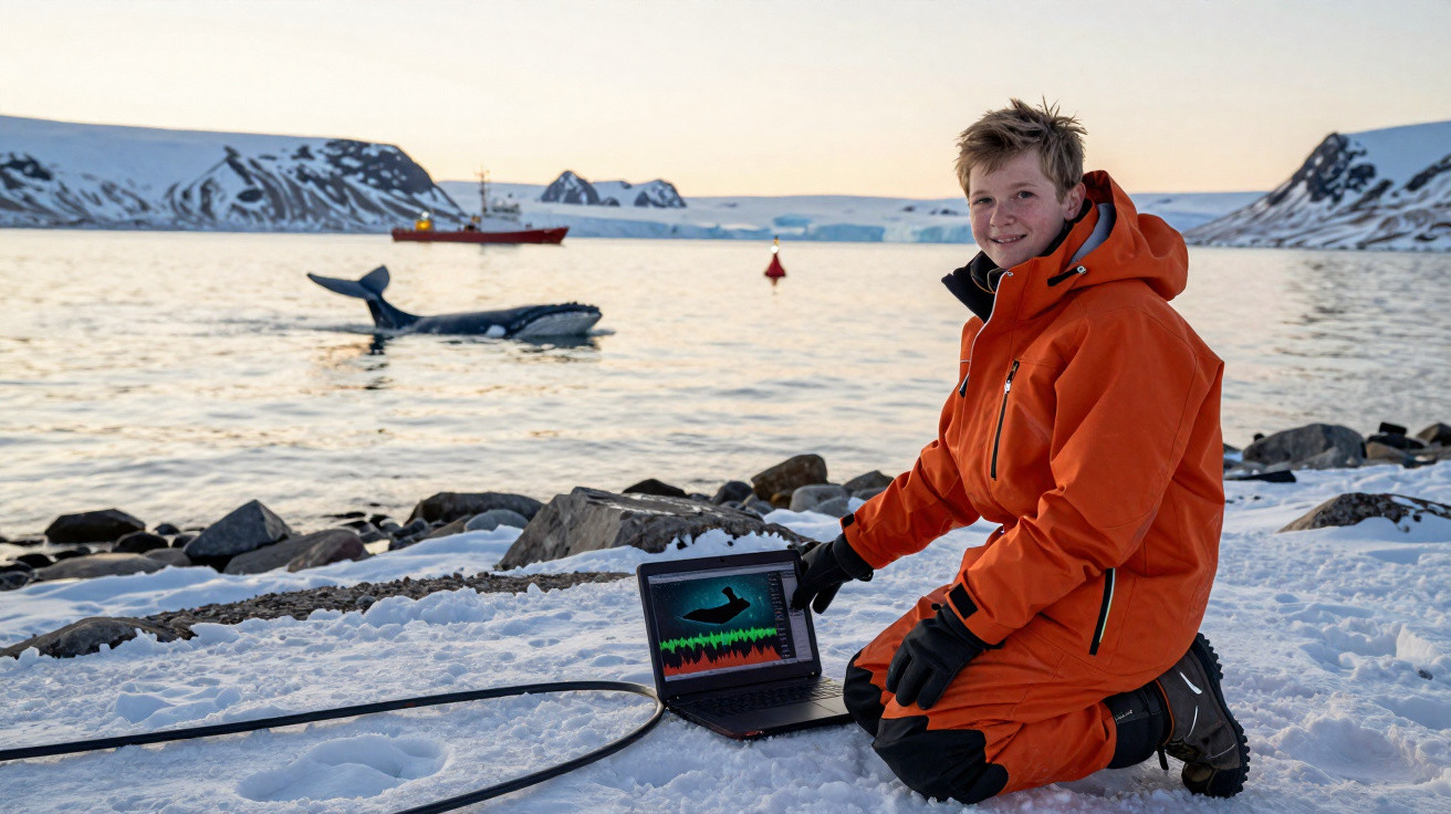 Young person in orange winter gear kneeling with laptop displaying whale sonar near a whale tail in icy Arctic waters.