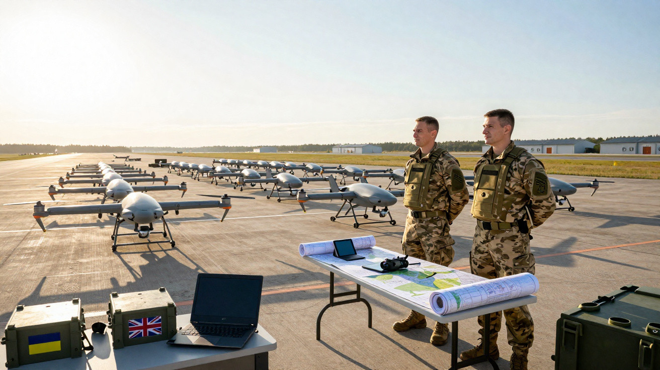 Two soldiers in camouflage stand by a table with maps and drones lined up on an airfield runway.