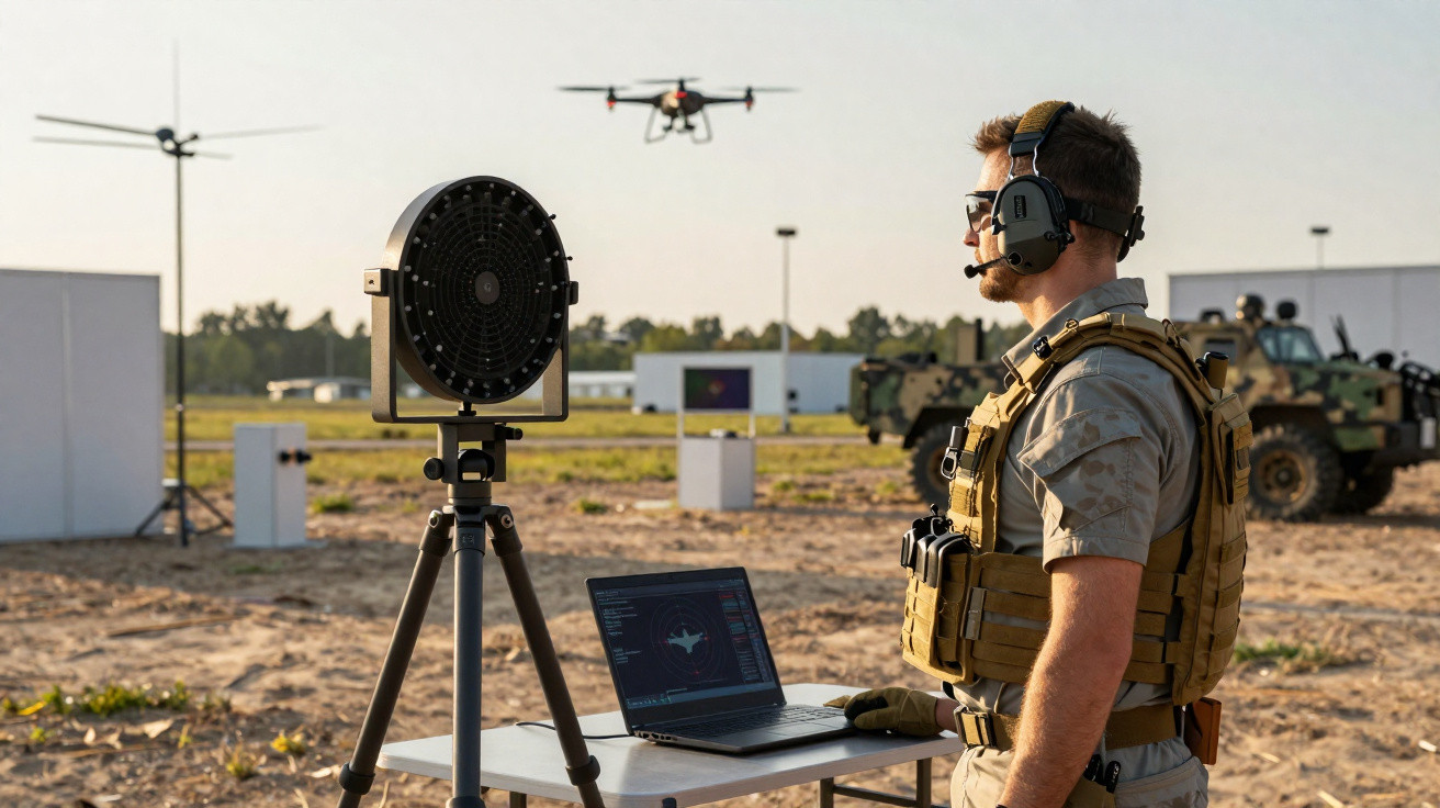 Military personnel operating a drone detection system with laptop and radar equipment in an outdoor training area.