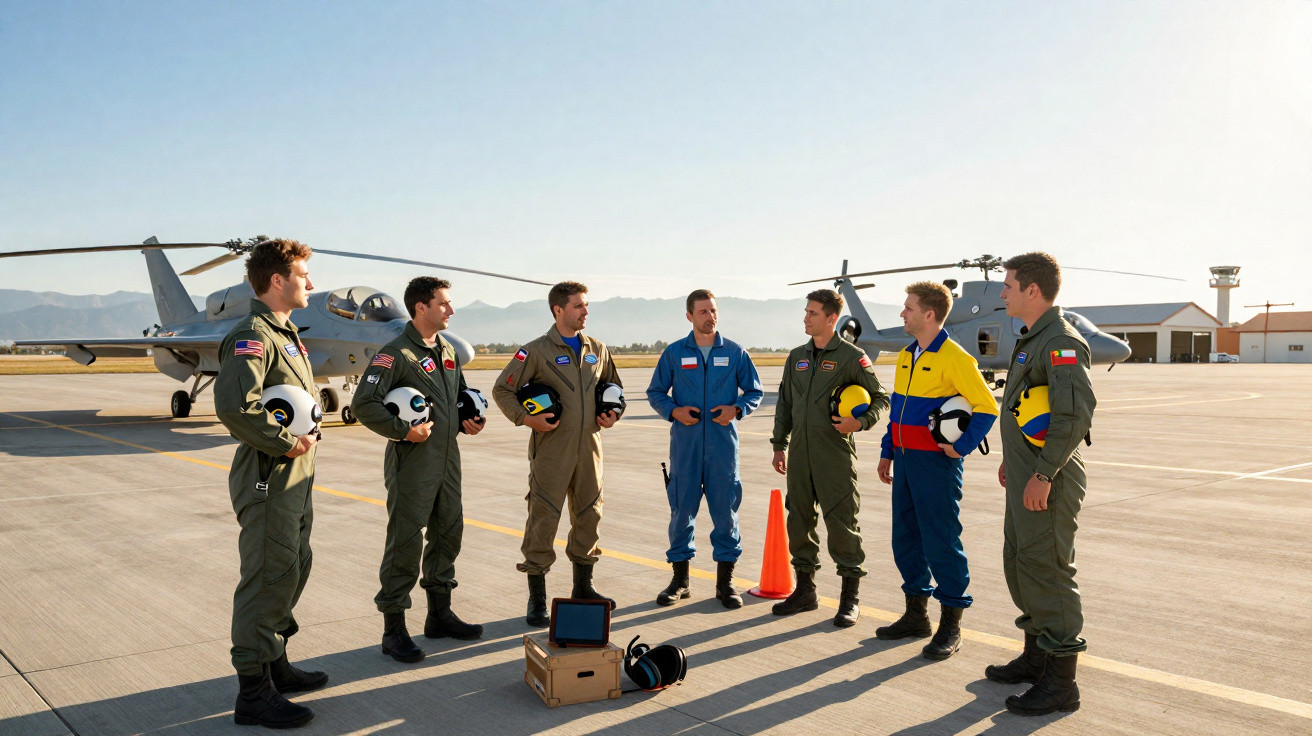 Seven uniformed pilots stand in a semicircle on a sunny runway beside two helicopters, holding helmets and chatting.