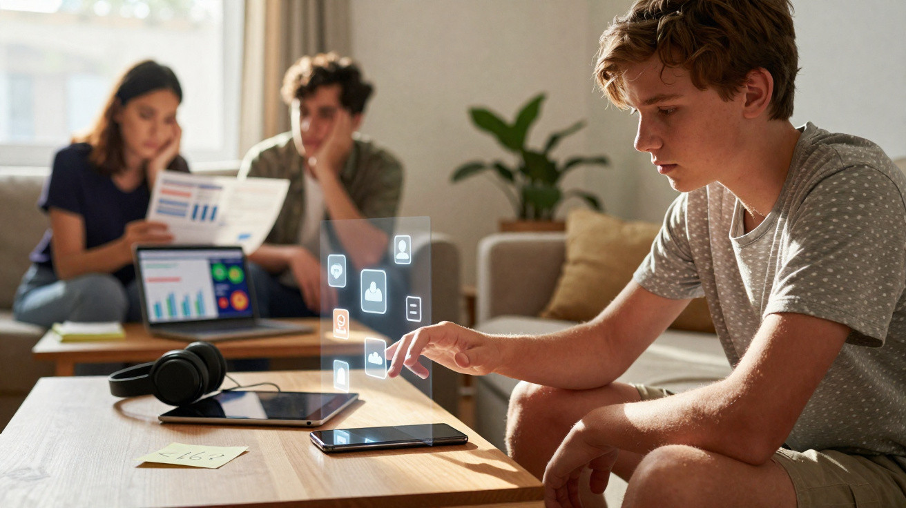 Teenage boy interacting with virtual social media icons on tablet in a living room with two adults in the background.