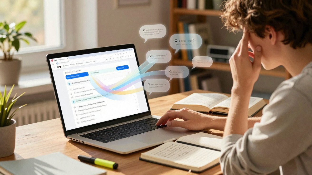 Person using a laptop with digital question prompts floating above the keyboard in a study room with notebooks.