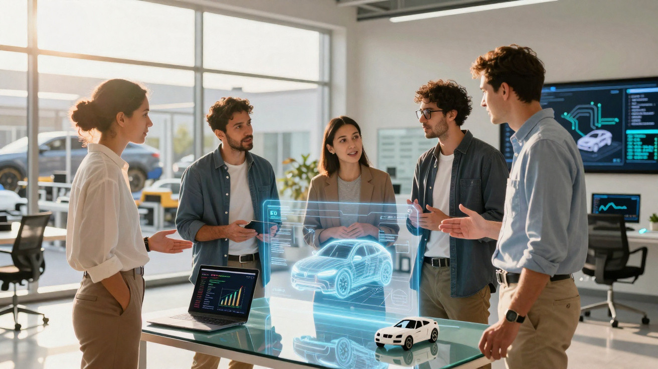 Five colleagues discuss a 3D holographic car model projected above a table in a modern office setting.