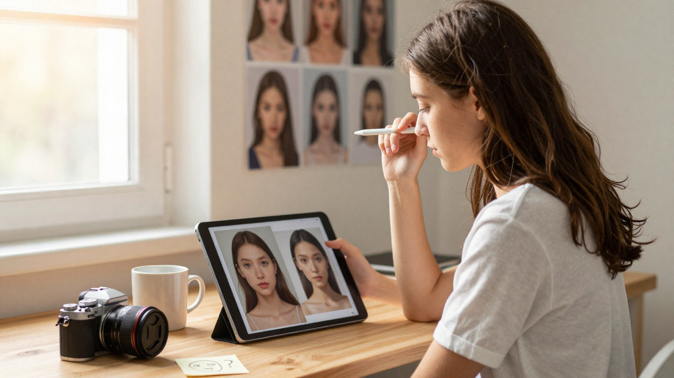 Woman sitting at a desk editing portrait photos on a tablet with a stylus pen near a camera and mug.