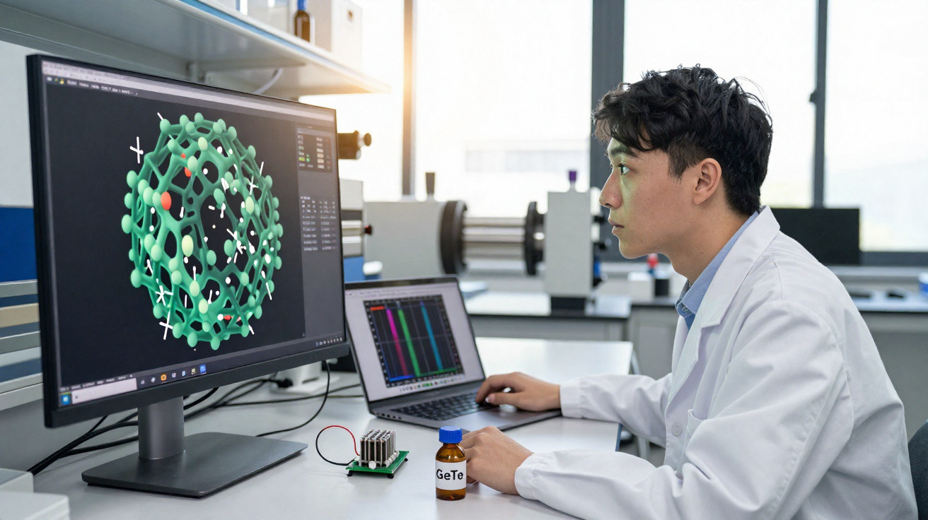 Scientist in a lab coat analysing a 3D molecular structure on a computer screen in a modern laboratory.