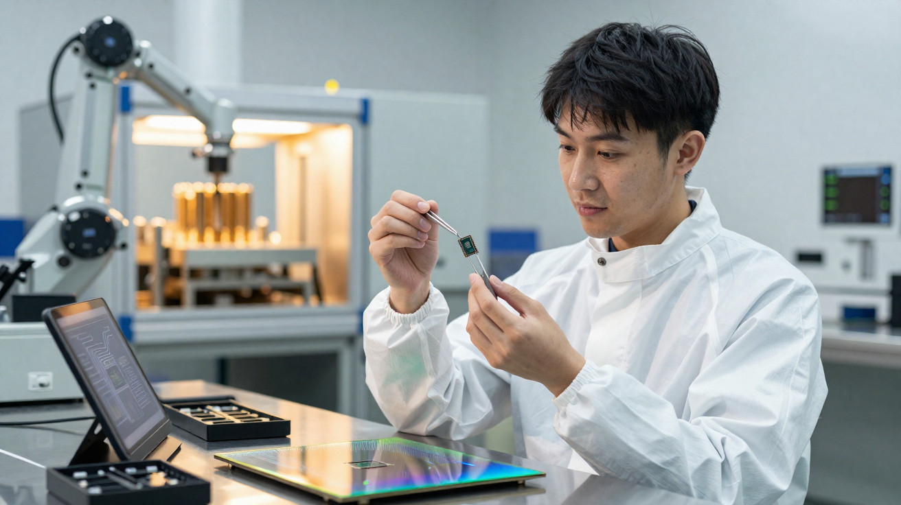 Engineer in a white lab coat examining a microchip in a high-tech laboratory with robotic equipment.