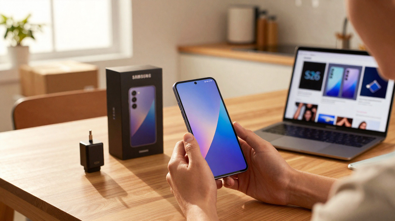Person holding a Samsung smartphone with charger and box on a wooden table and a laptop in the background.