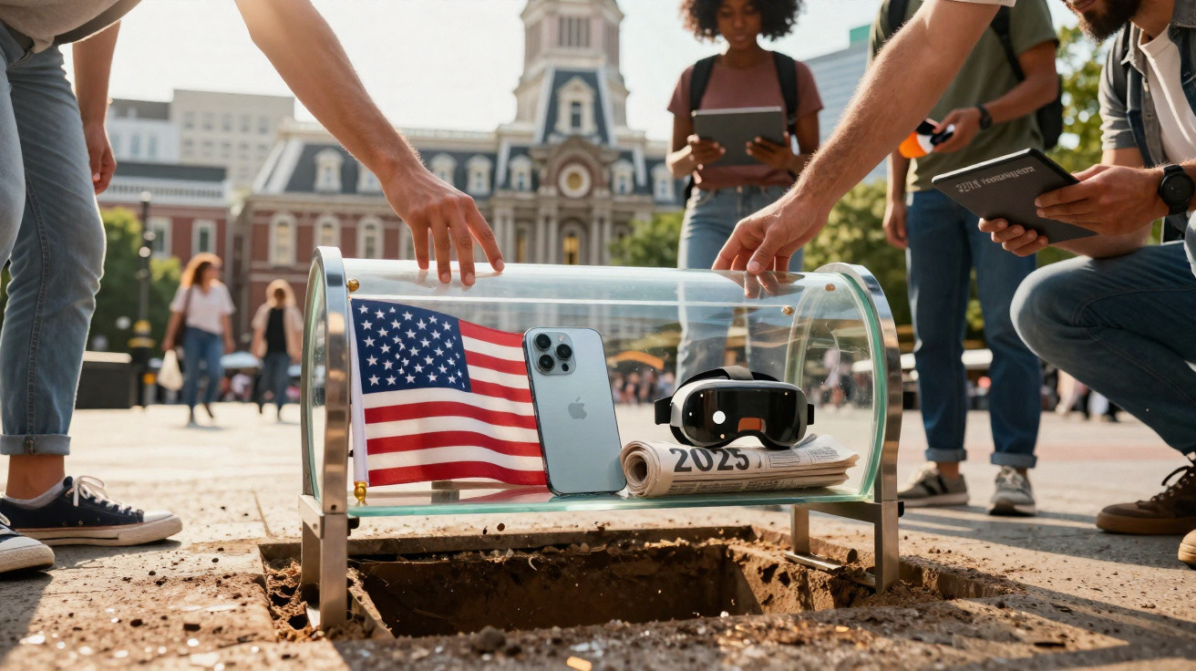People placing a time capsule with an American flag, iPhone, VR headset, and 2025 newspaper in a city square.