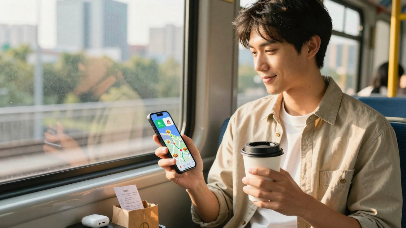Young man holding a phone with a map app and a takeaway coffee cup while travelling on a train.