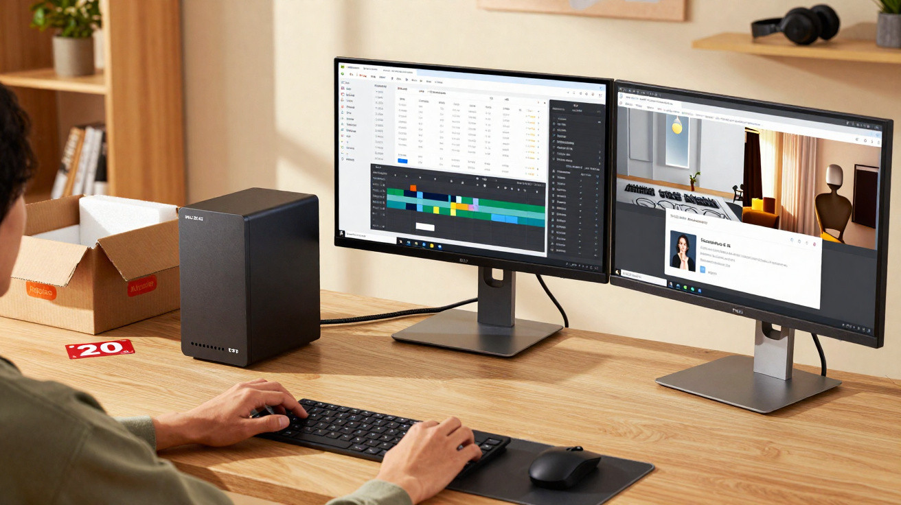Person working on a dual-monitor desktop setup with a keyboard, mouse, and black external device on a wooden desk.