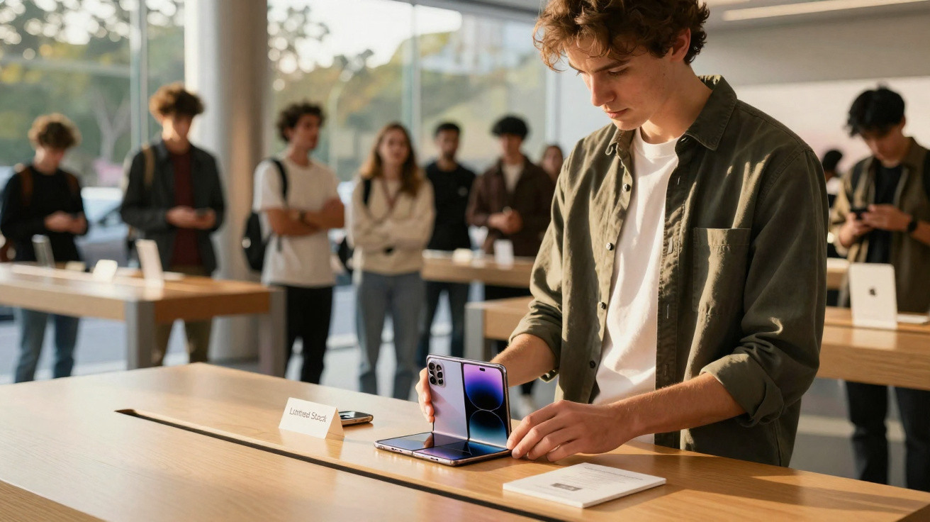 Young man examining a foldable smartphone at a tech store with people in the background.