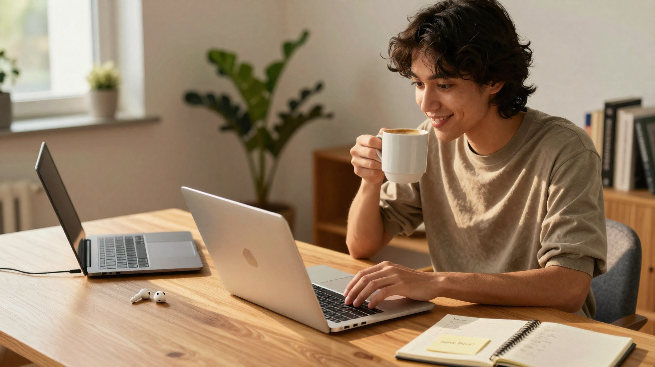 Young man working on a laptop while drinking coffee at a wooden desk with another laptop and notebook nearby.