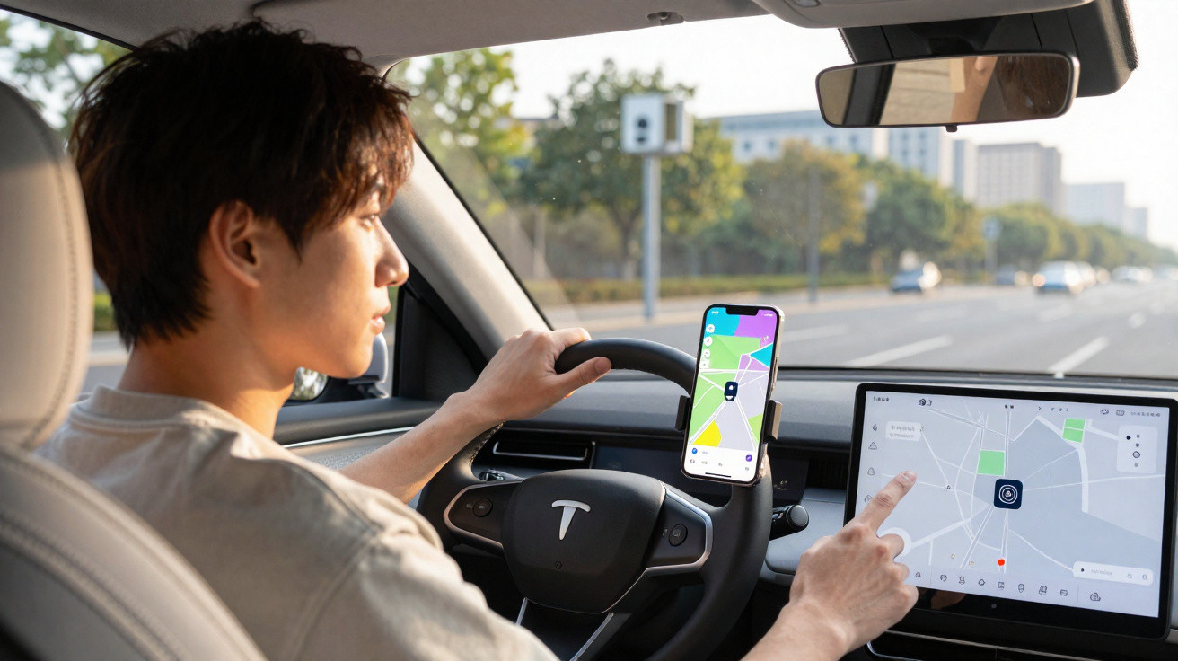 Person using touchscreen map on Tesla dashboard while driving on a sunny road with smartphone navigation mounted on steering 