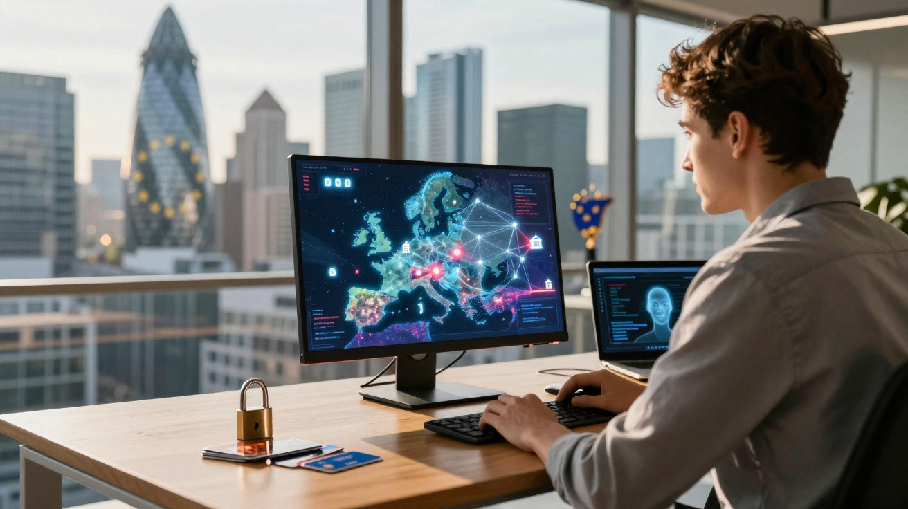 Young man working at a desk with a computer showing a digital map of Europe and cyber security icons.