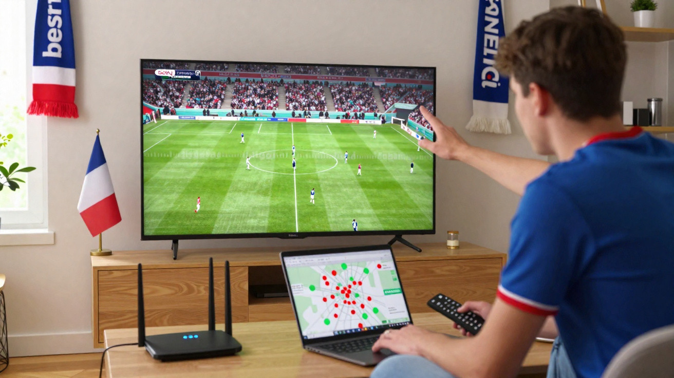 Person watching a football match on TV while using a laptop showing a data map in a living room.
