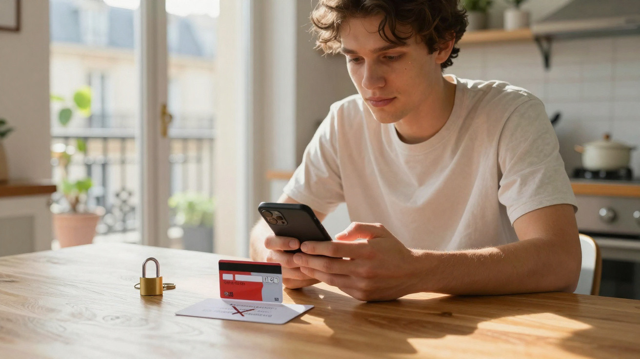 Young man using smartphone at table with credit card, lock, and notice to stay safe from fraud.