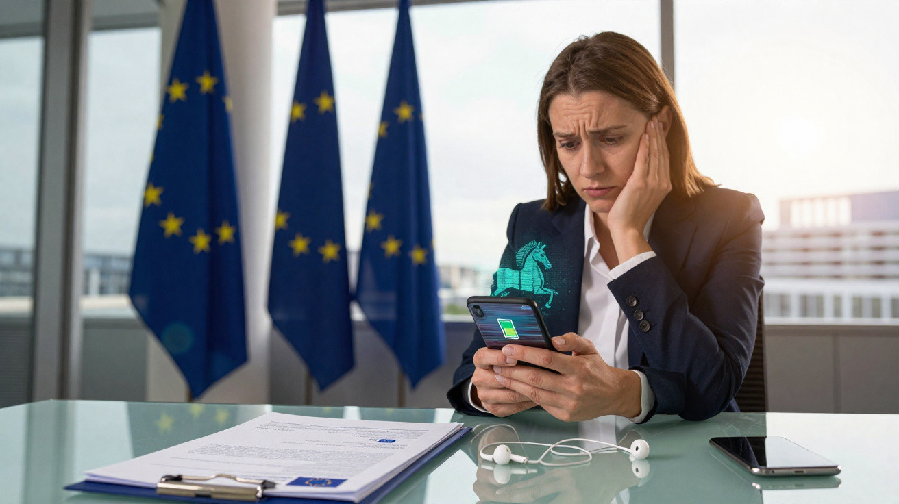 Worried woman in business attire sitting at desk with EU flags behind, looking at phone with digital unicorn hologram.