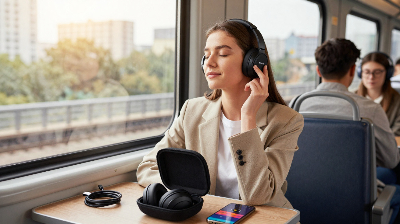 Young woman with eyes closed enjoying music on headphones while travelling on a train near a window.