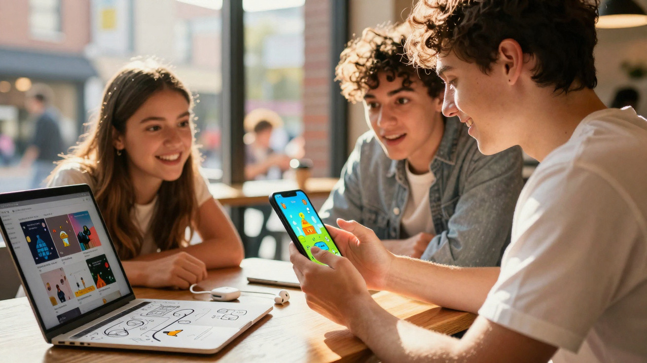 Three teenagers sitting at a table with a laptop and smartphone, looking at the phone screen and smiling.