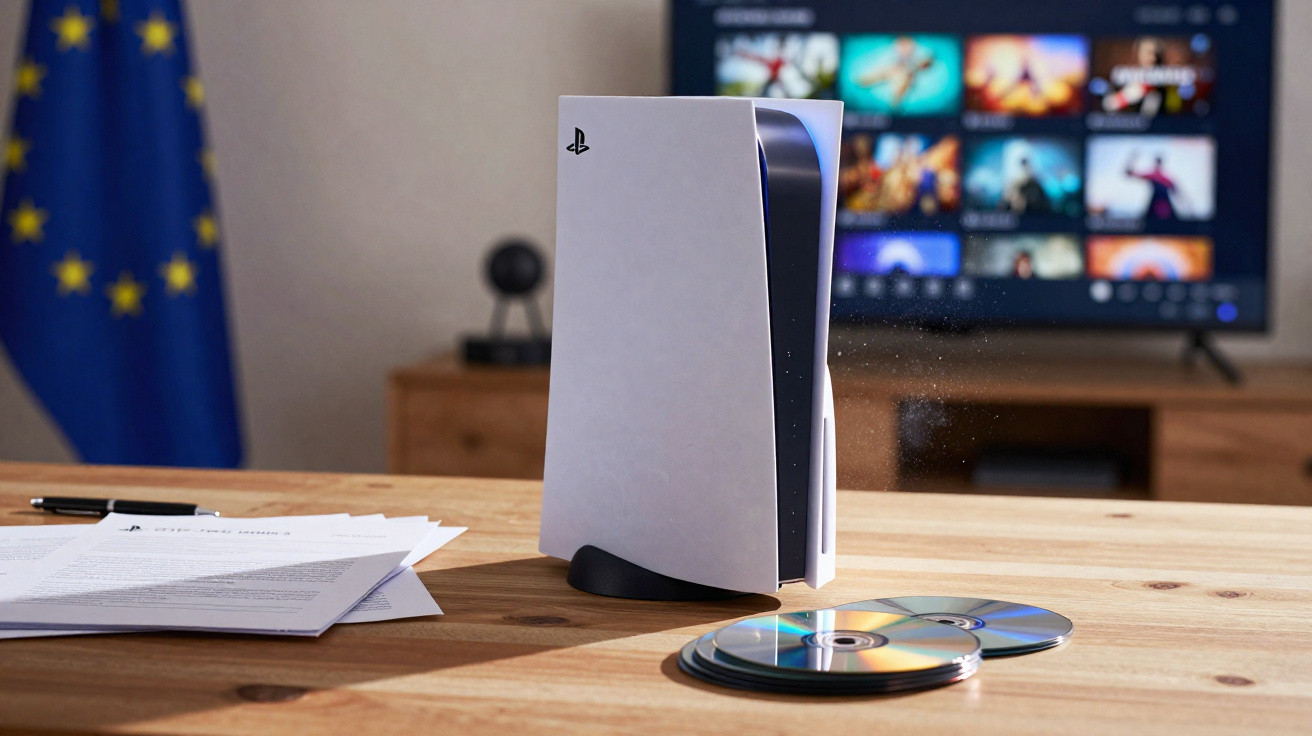 PlayStation 5 console on a wooden table with stacked game discs, papers, and a TV screen in the background.