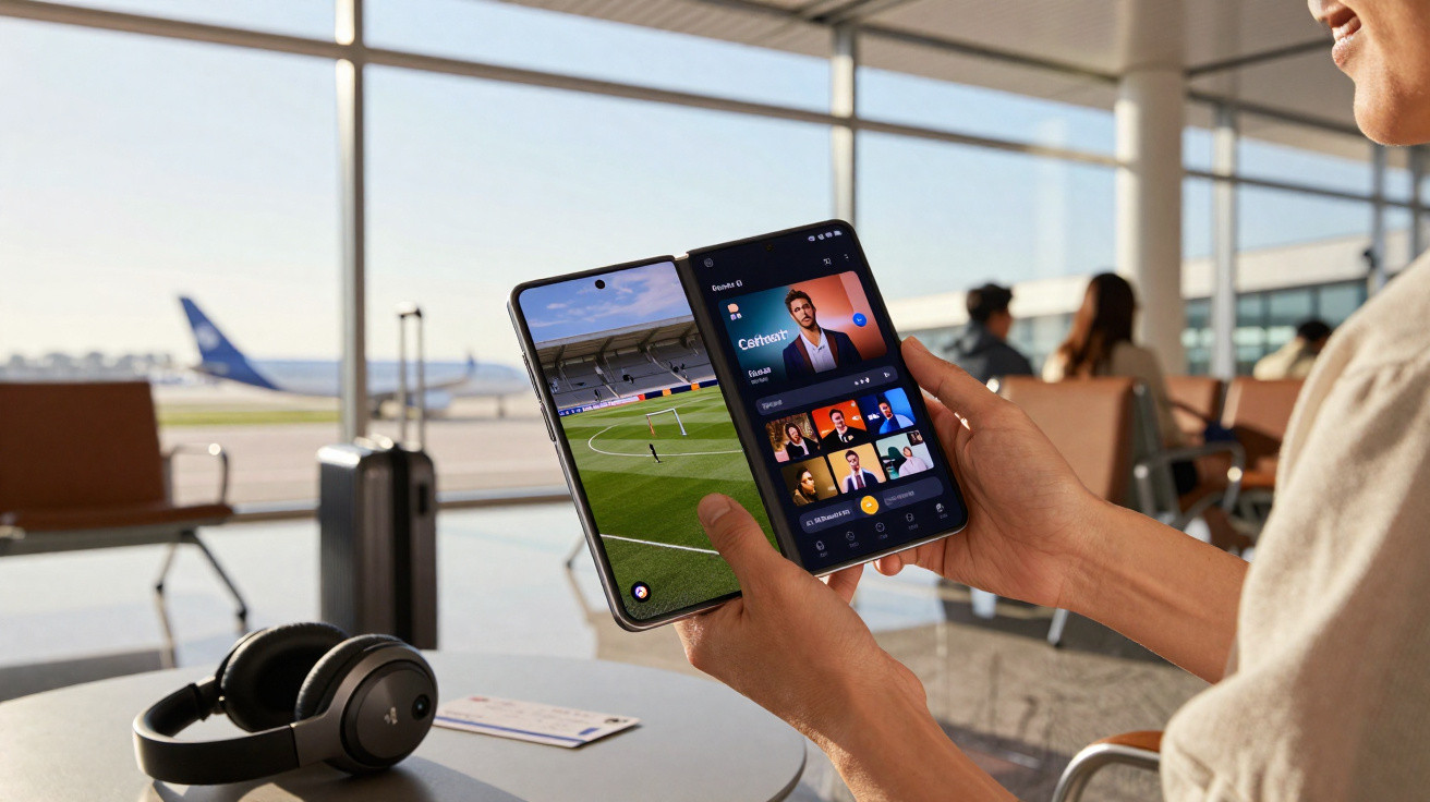 Person at airport lounge holding a foldable smartphone showing a football match and video call apps.